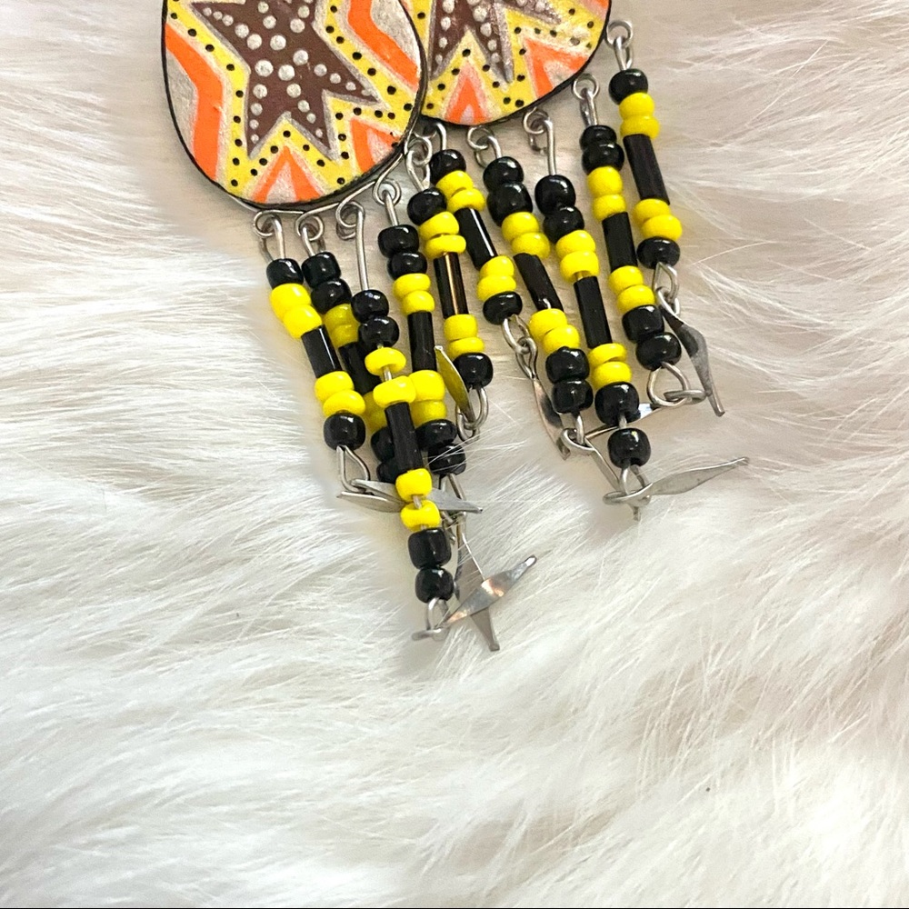 Colorful Star Printed Earrings With Beaded Fringe - Picture 2 of 3